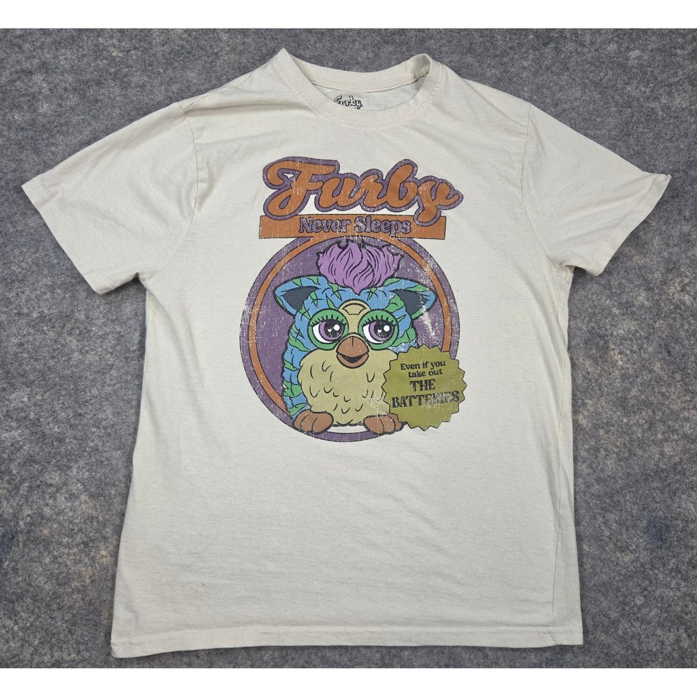 Furby Never Sleeps Graphic T-Shirt Cream Mens Medium Distressed 90s Nostalgia
